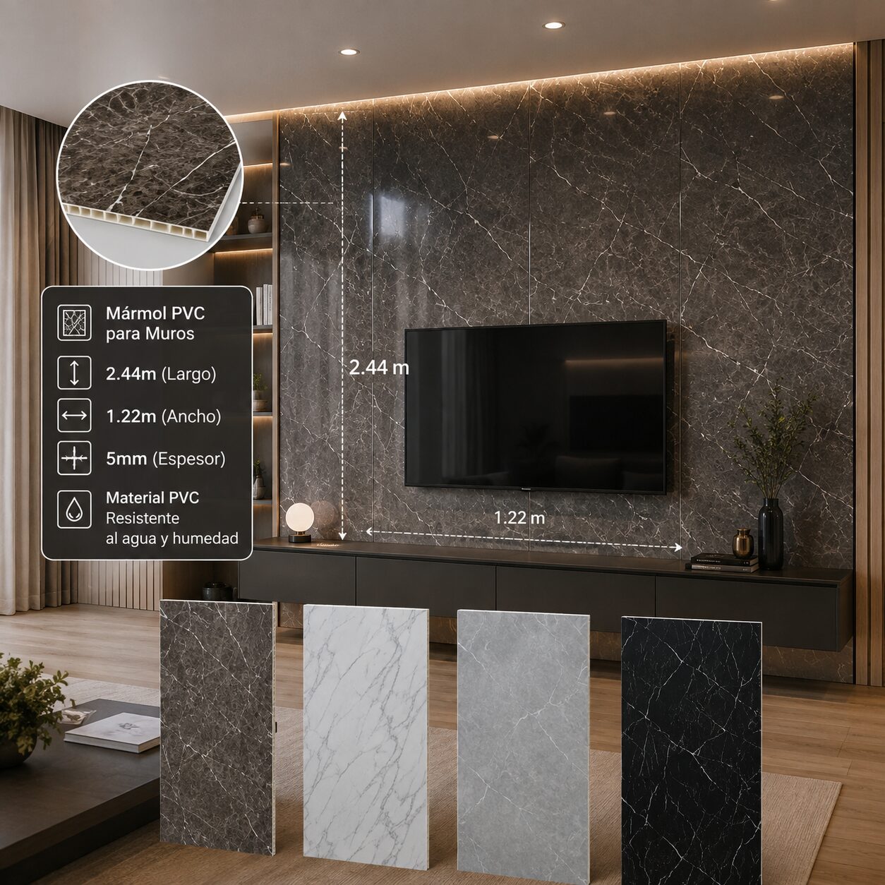 Mármol de PVC para muros interiores con acabado decorativo